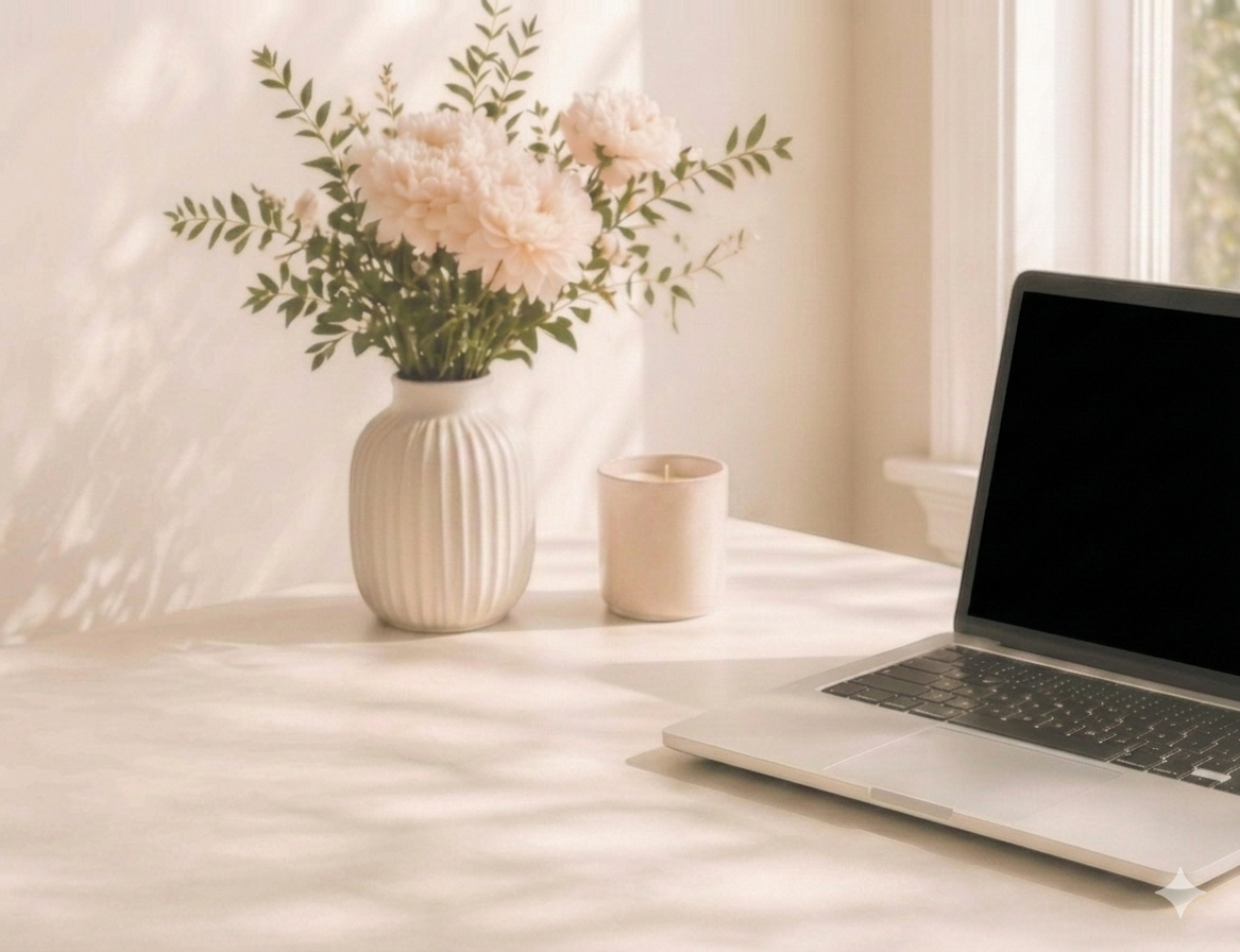 Warm, light-filled workspace with flowers and a laptop